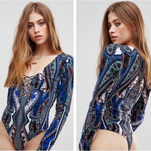 Free People A Place Bodysuit Long Sleeve in Blue Combo Size XS Women - Picture 1 of 8
